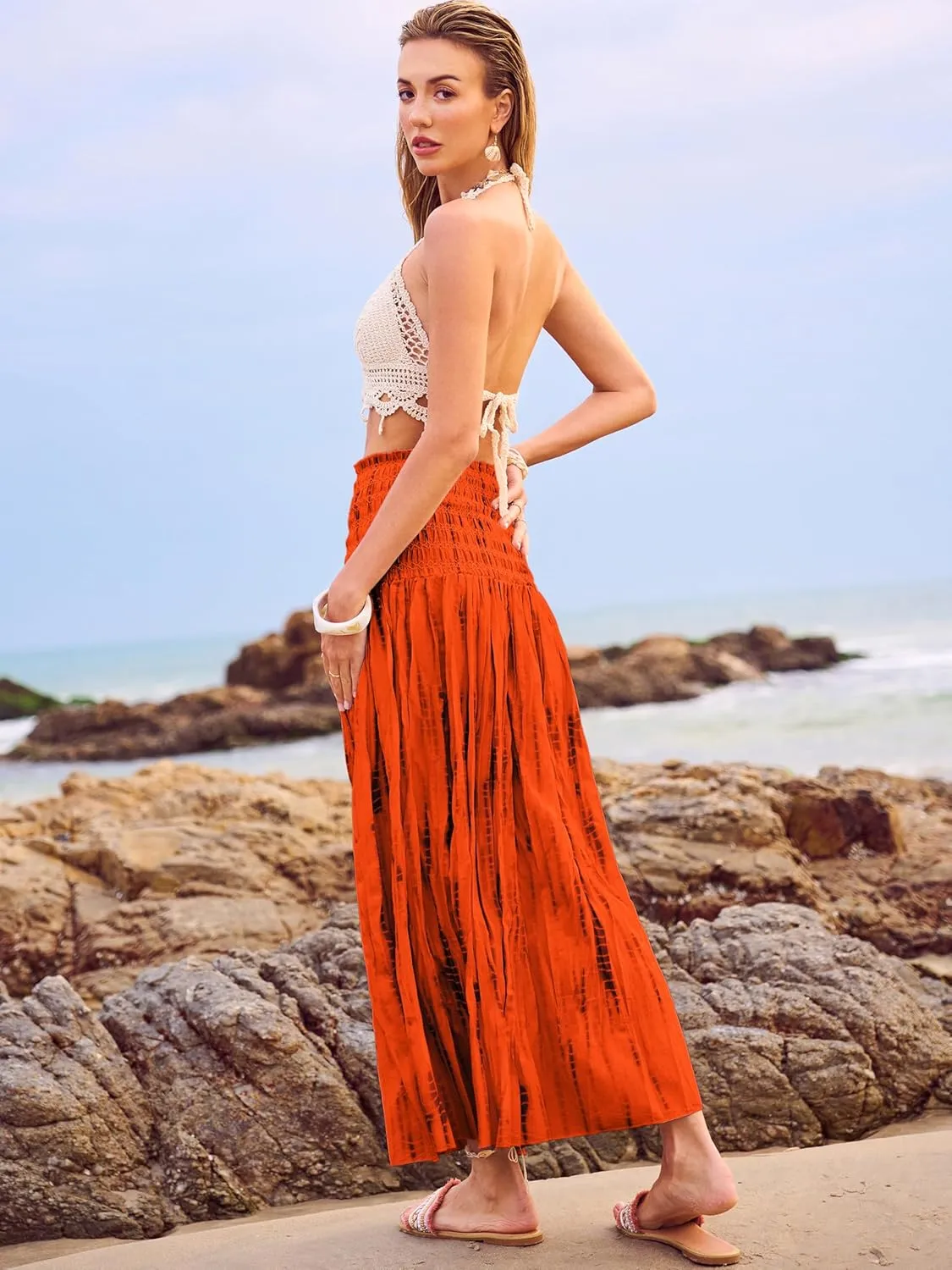 Women's Smocked Floral Maxi Skirts 2025 Summer Tube Dresses Flowy Boho Long A line Pleated Beach Skirt