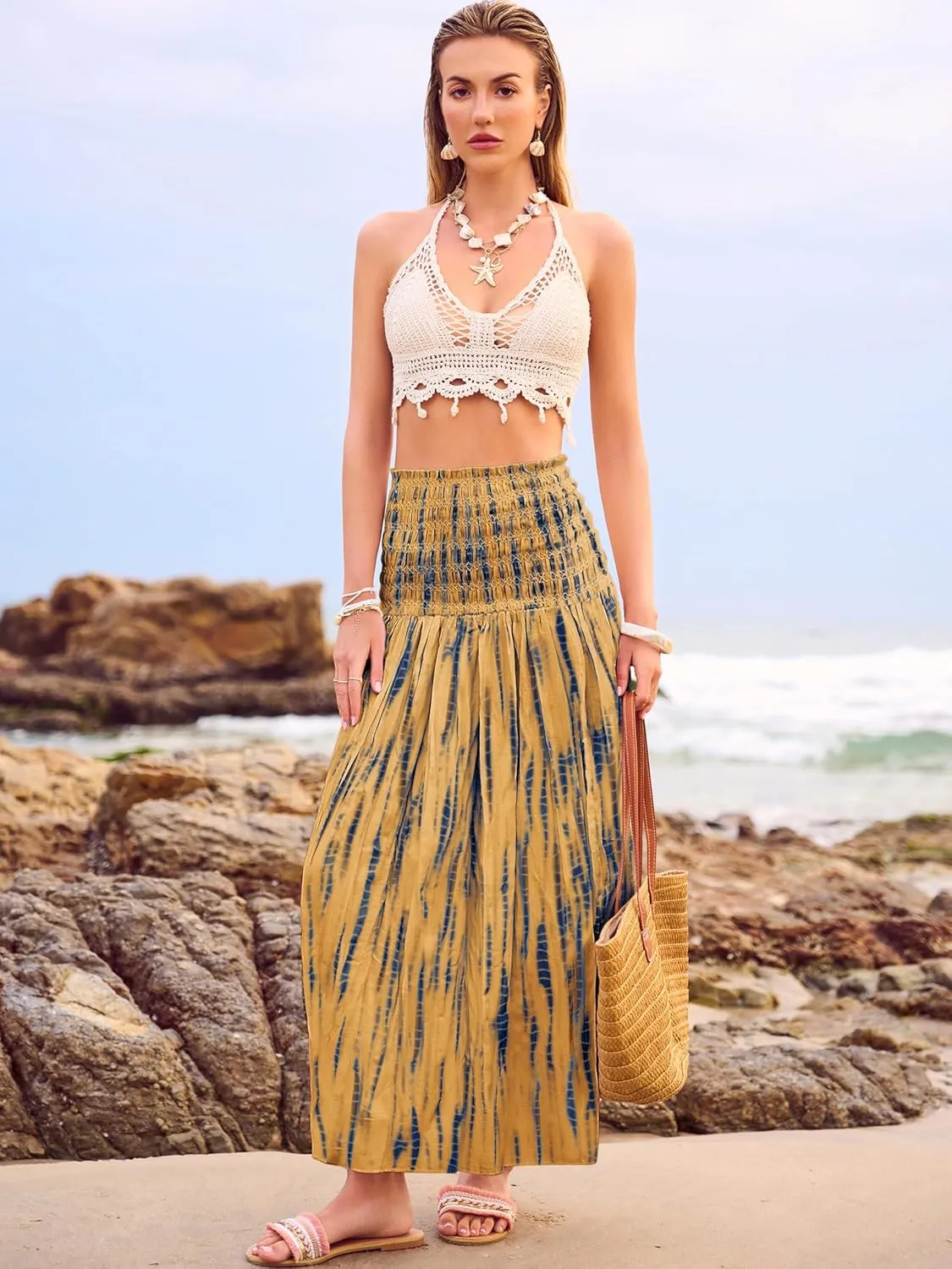 Women's Smocked Floral Maxi Skirts 2025 Summer Tube Dresses Flowy Boho Long A line Pleated Beach Skirt