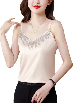 Women's Spaghetti Strap Backless Camisole Satin V-Neck Rhinestones Sexy Party Cropped Tops