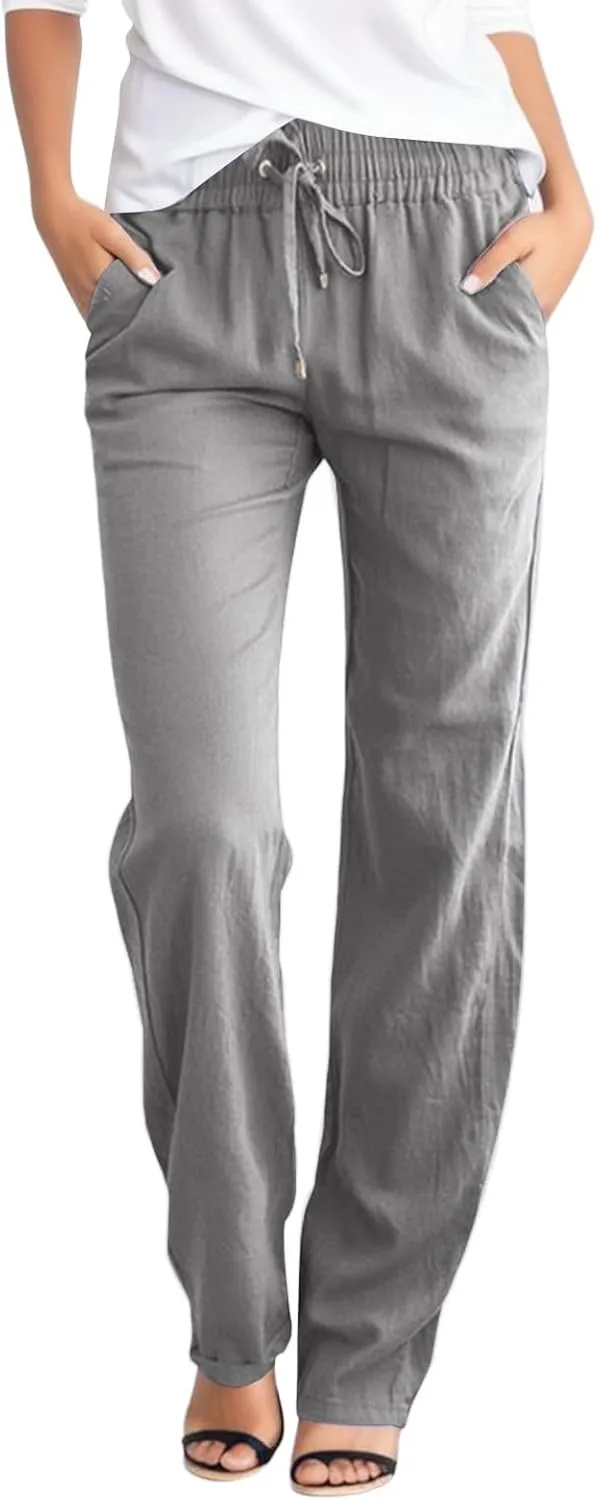 Women's Straight Leg Long Pants Elastic High Waist Drawstring Loose Casual Pants Solid Color Trousers with Pockets