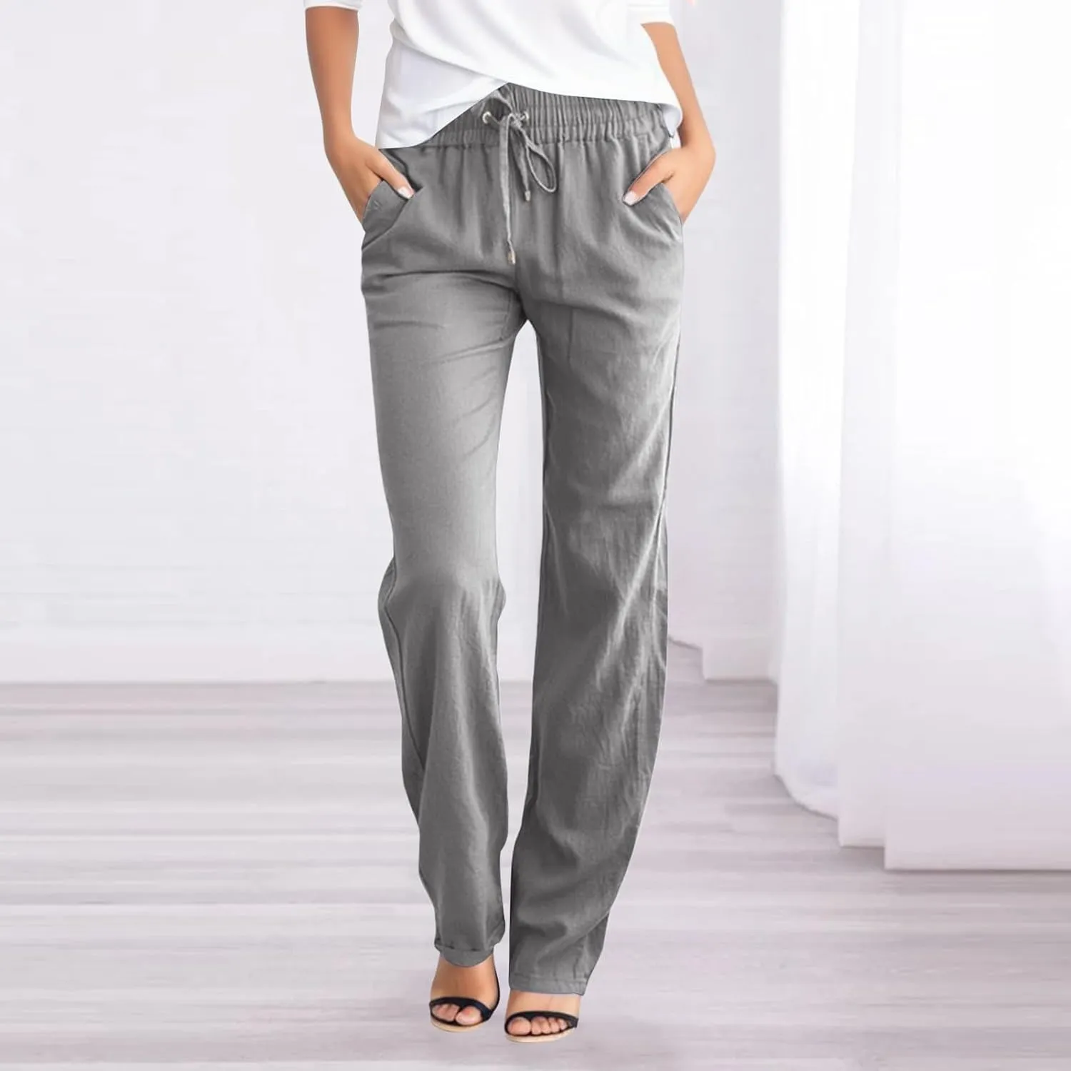 Women's Straight Leg Long Pants Elastic High Waist Drawstring Loose Casual Pants Solid Color Trousers with Pockets