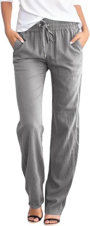 Women's Straight Leg Long Pants Elastic High Waist Drawstring Loose Casual Pants Solid Color Trousers with Pockets