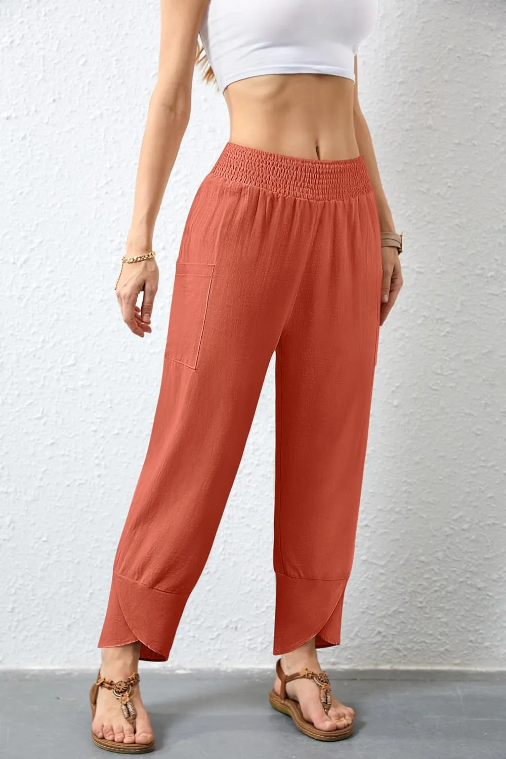 Women's Summer High Waisted Baggy Pants Wide Leg Linen Pants Casual Ankle Length Trouser Slacks with Pockets