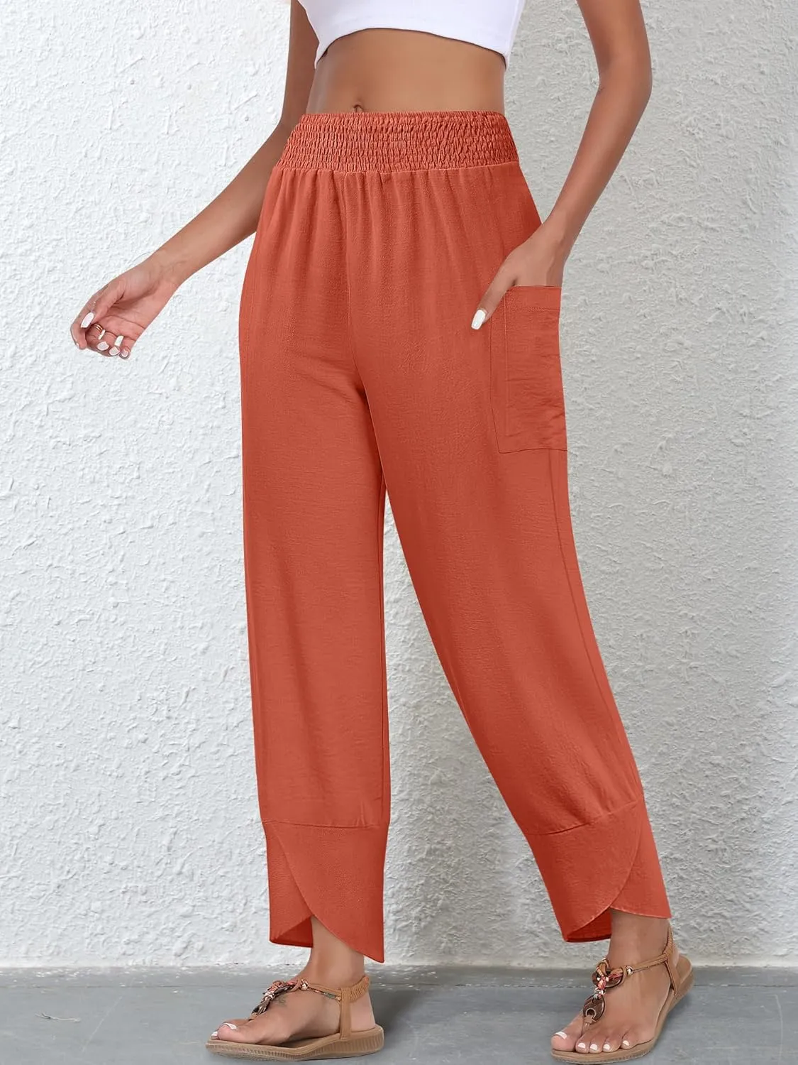 Women's Summer High Waisted Baggy Pants Wide Leg Linen Pants Casual Ankle Length Trouser Slacks with Pockets