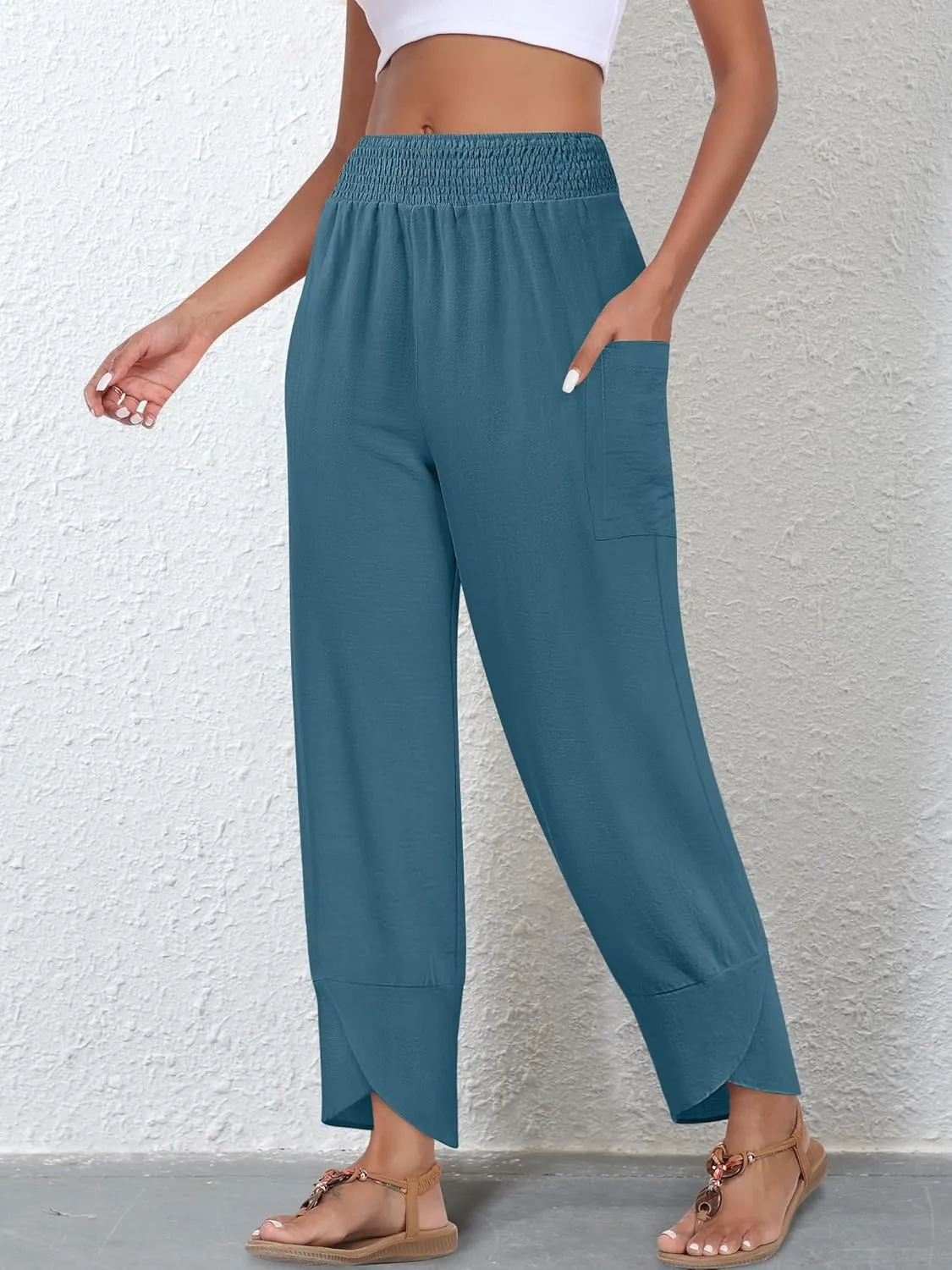 Women's Summer High Waisted Baggy Pants Wide Leg Linen Pants Casual Ankle Length Trouser Slacks with Pockets