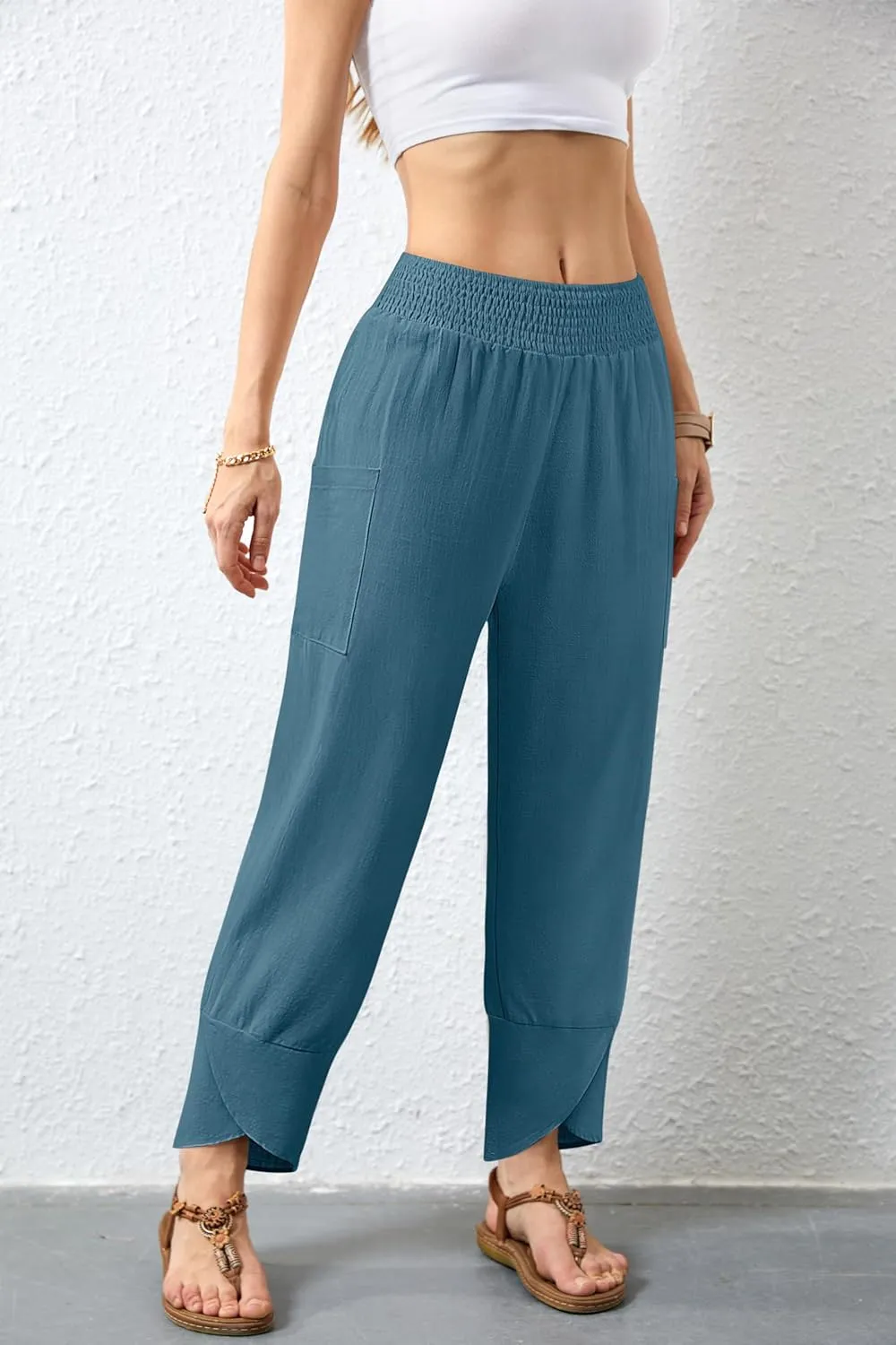 Women's Summer High Waisted Baggy Pants Wide Leg Linen Pants Casual Ankle Length Trouser Slacks with Pockets