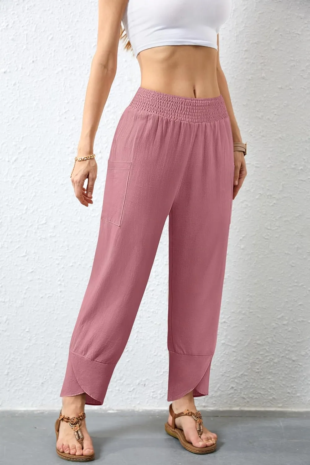 Women's Summer High Waisted Baggy Pants Wide Leg Linen Pants Casual Ankle Length Trouser Slacks with Pockets