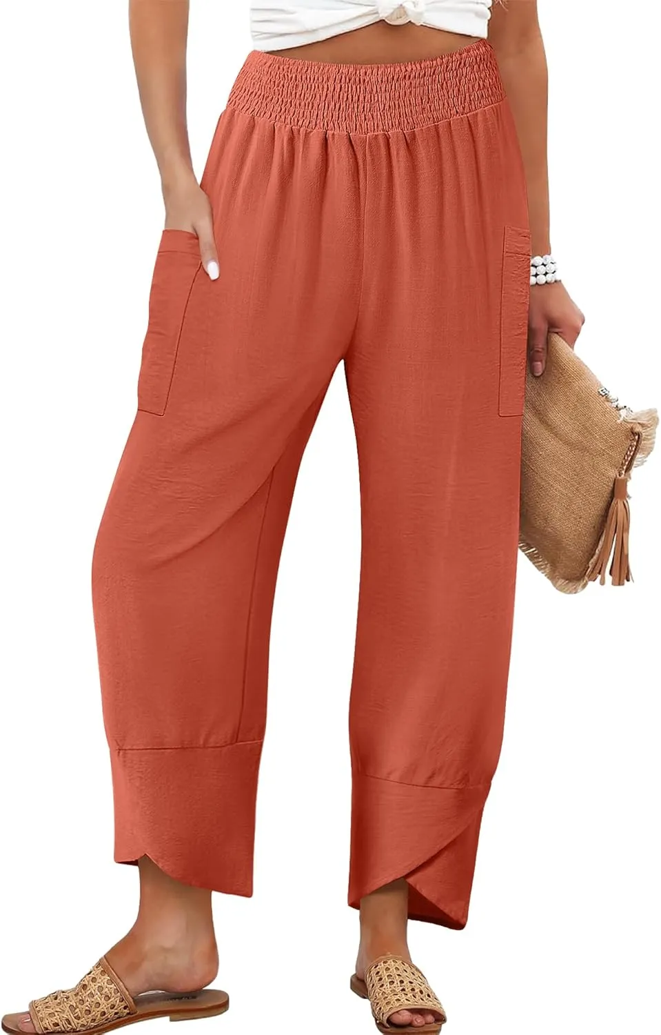 Women's Summer High Waisted Baggy Pants Wide Leg Linen Pants Casual Ankle Length Trouser Slacks with Pockets