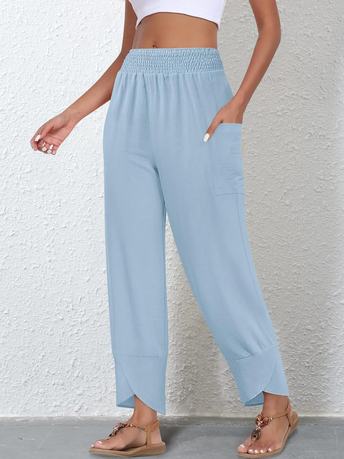 Women's Summer High Waisted Baggy Pants Wide Leg Linen Pants Casual Ankle Length Trouser Slacks with Pockets