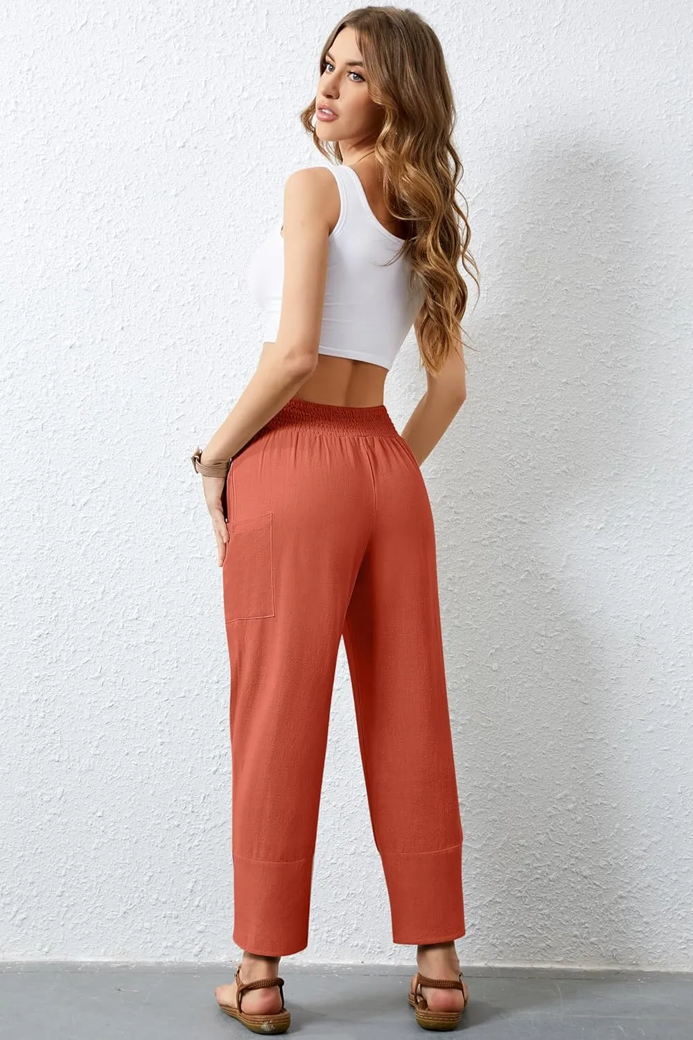 Women's Summer High Waisted Baggy Pants Wide Leg Linen Pants Casual Ankle Length Trouser Slacks with Pockets