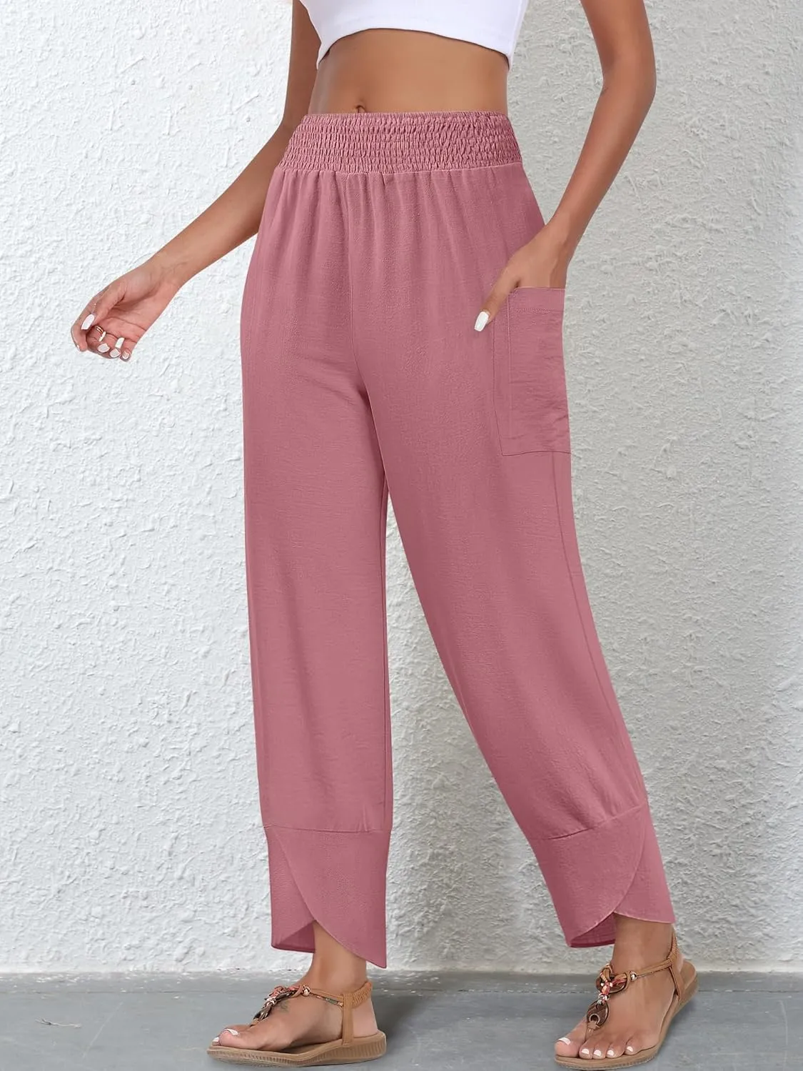 Women's Summer High Waisted Baggy Pants Wide Leg Linen Pants Casual Ankle Length Trouser Slacks with Pockets