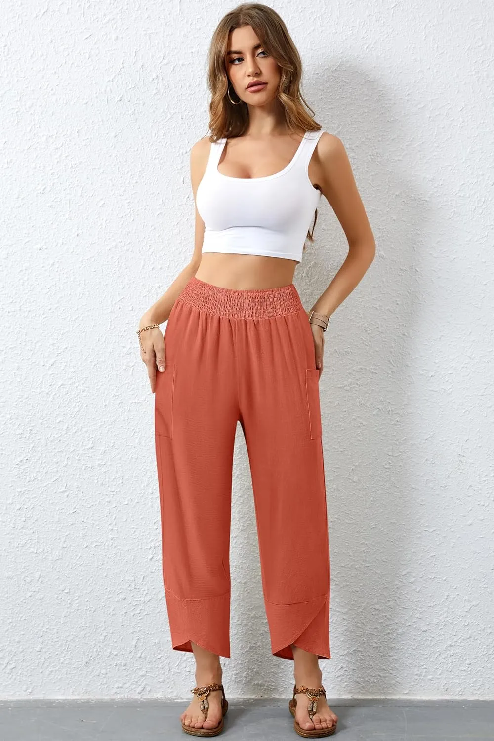 Women's Summer High Waisted Baggy Pants Wide Leg Linen Pants Casual Ankle Length Trouser Slacks with Pockets