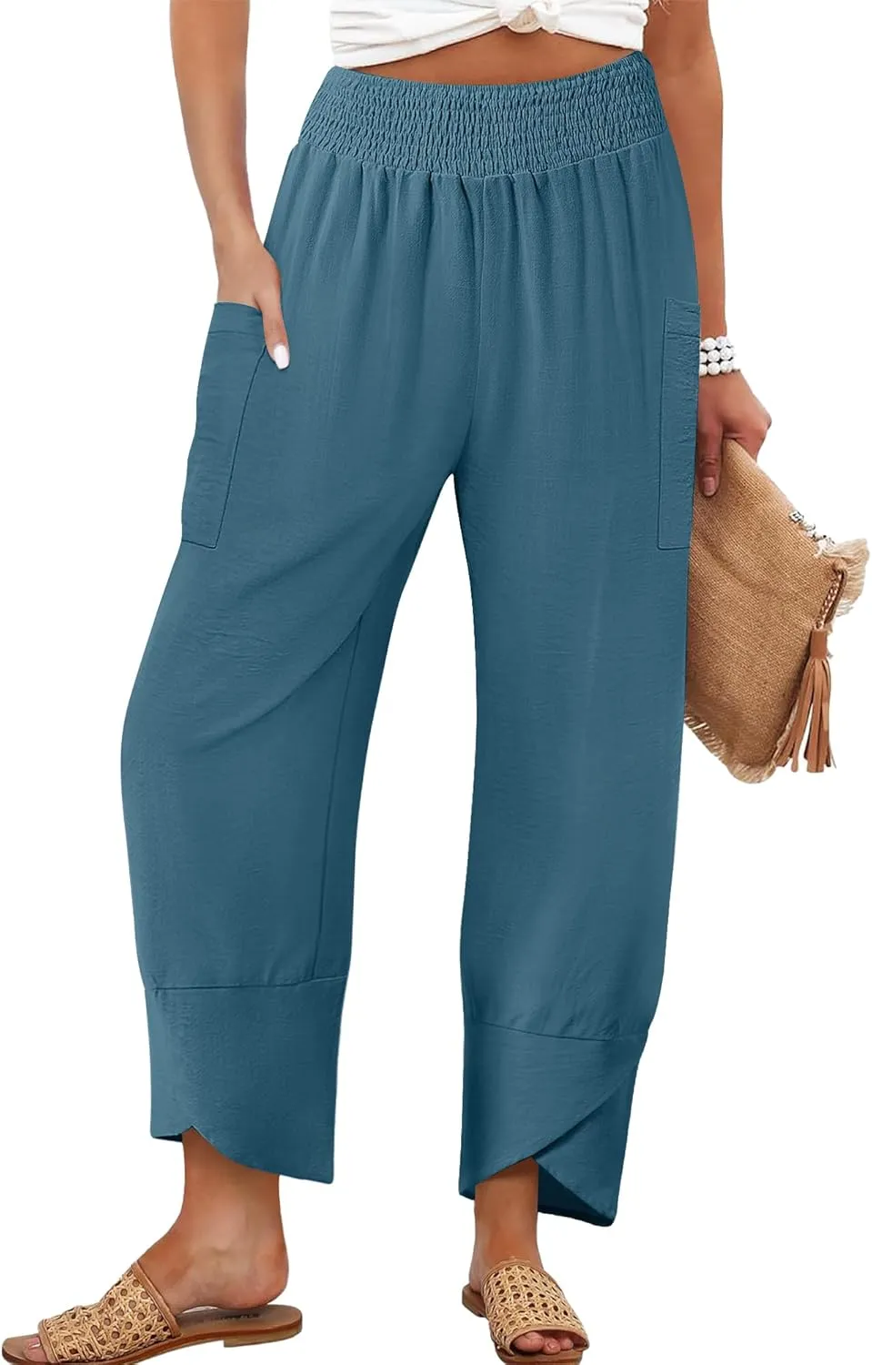 Women's Summer High Waisted Baggy Pants Wide Leg Linen Pants Casual Ankle Length Trouser Slacks with Pockets