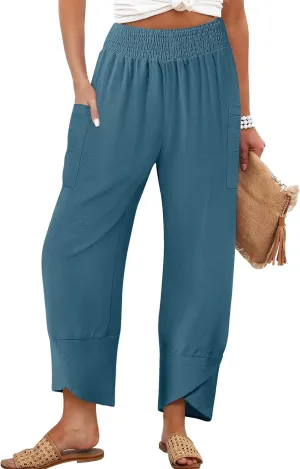 Women's Summer High Waisted Baggy Pants Wide Leg Linen Pants Casual Ankle Length Trouser Slacks with Pockets