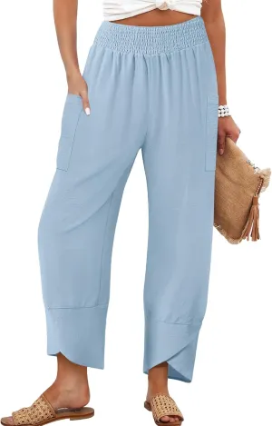 Women's Summer High Waisted Baggy Pants Wide Leg Linen Pants Casual Ankle Length Trouser Slacks with Pockets