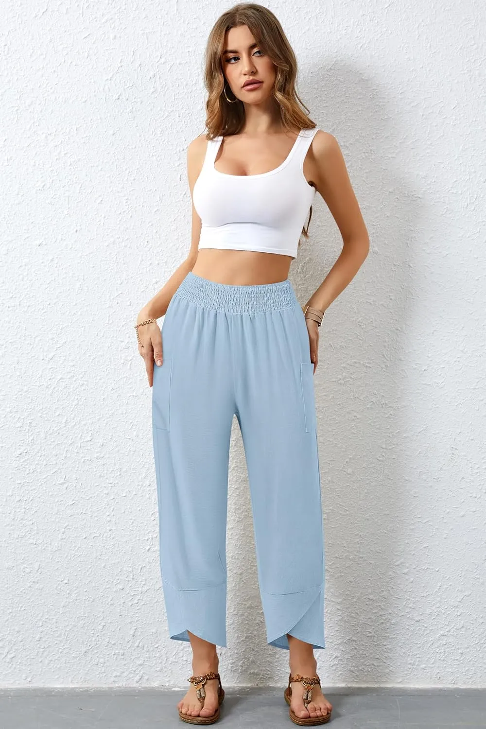 Women's Summer High Waisted Baggy Pants Wide Leg Linen Pants Casual Ankle Length Trouser Slacks with Pockets