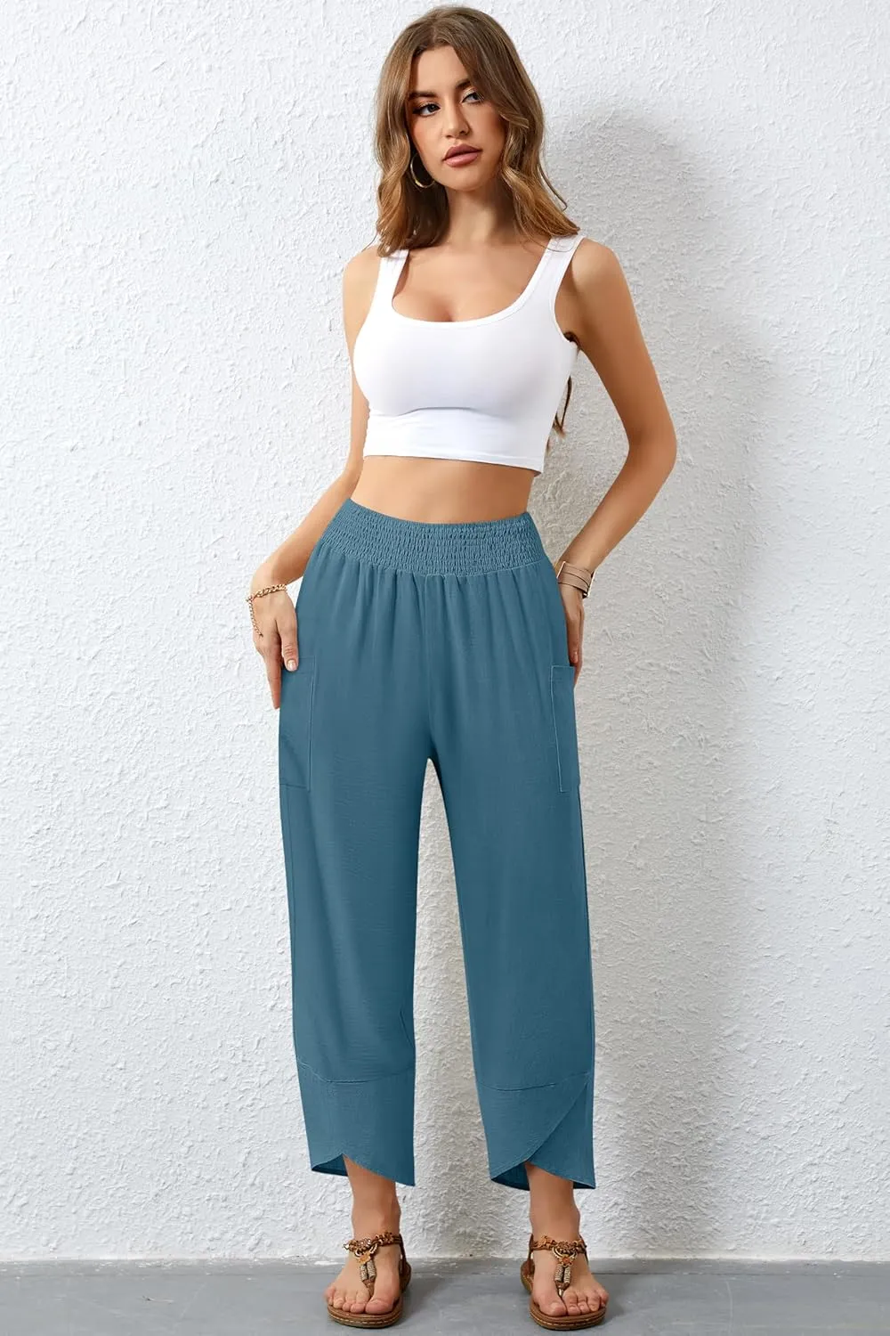 Women's Summer High Waisted Baggy Pants Wide Leg Linen Pants Casual Ankle Length Trouser Slacks with Pockets