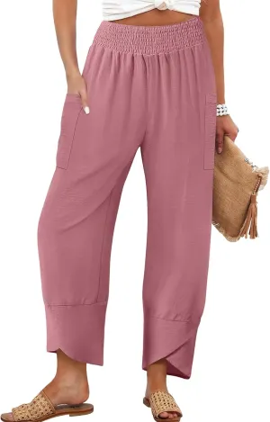Women's Summer High Waisted Baggy Pants Wide Leg Linen Pants Casual Ankle Length Trouser Slacks with Pockets