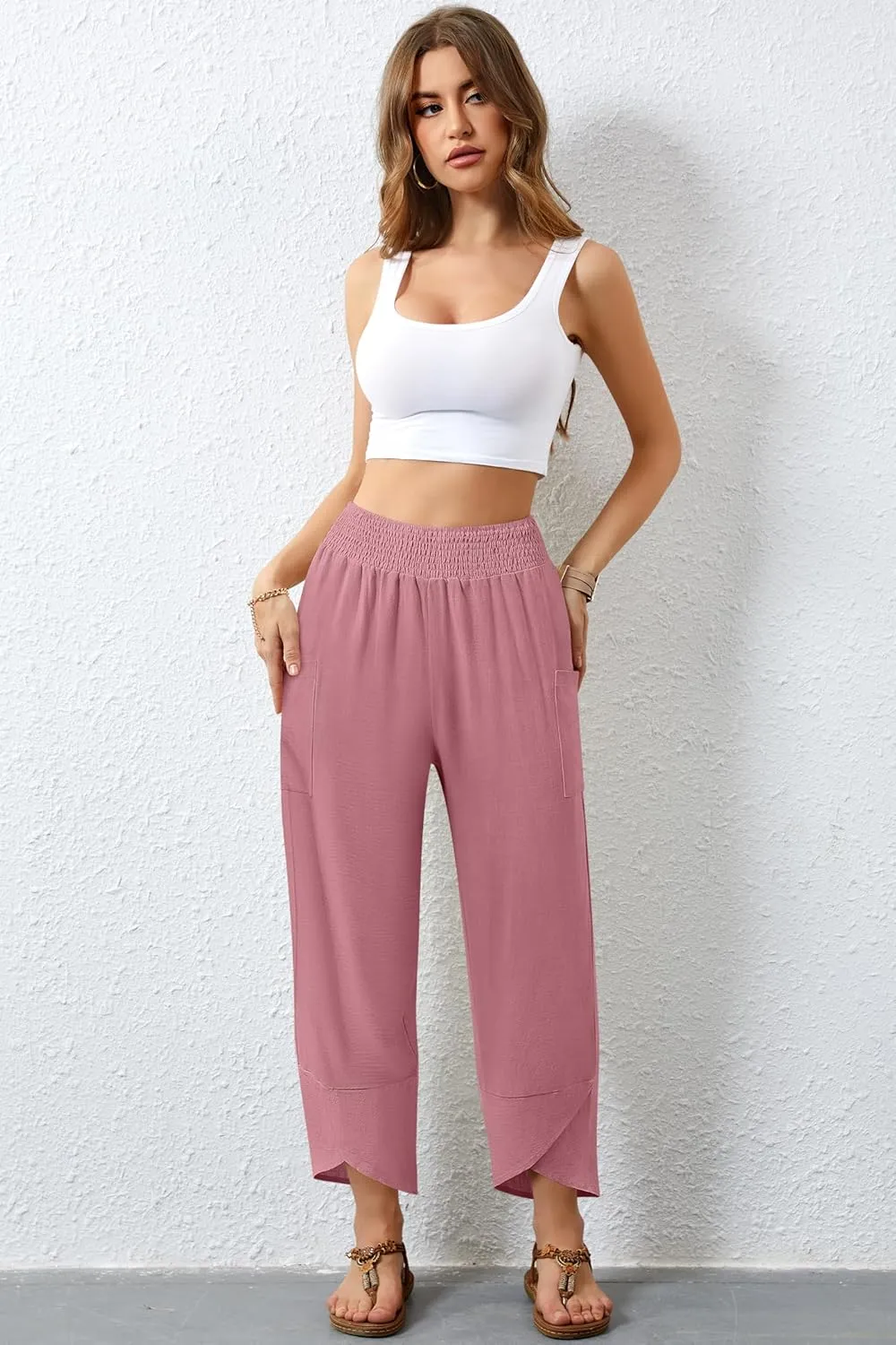 Women's Summer High Waisted Baggy Pants Wide Leg Linen Pants Casual Ankle Length Trouser Slacks with Pockets