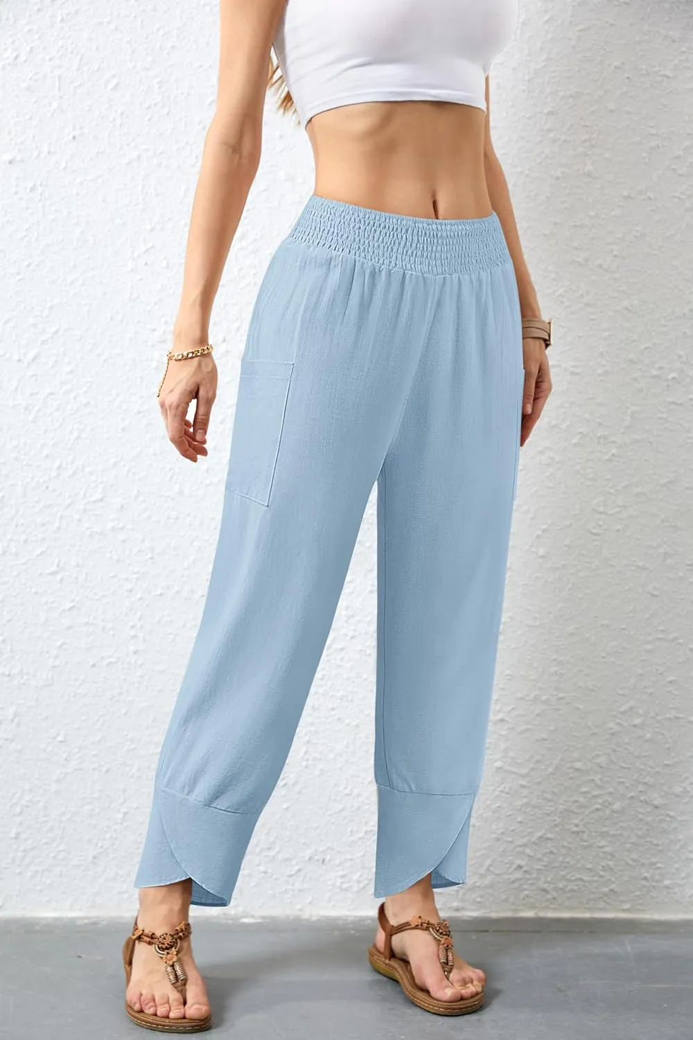Women's Summer High Waisted Baggy Pants Wide Leg Linen Pants Casual Ankle Length Trouser Slacks with Pockets