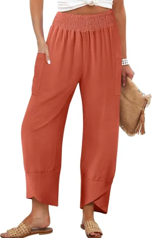 Women's Summer High Waisted Baggy Pants Wide Leg Linen Pants Casual Ankle Length Trouser Slacks with Pockets