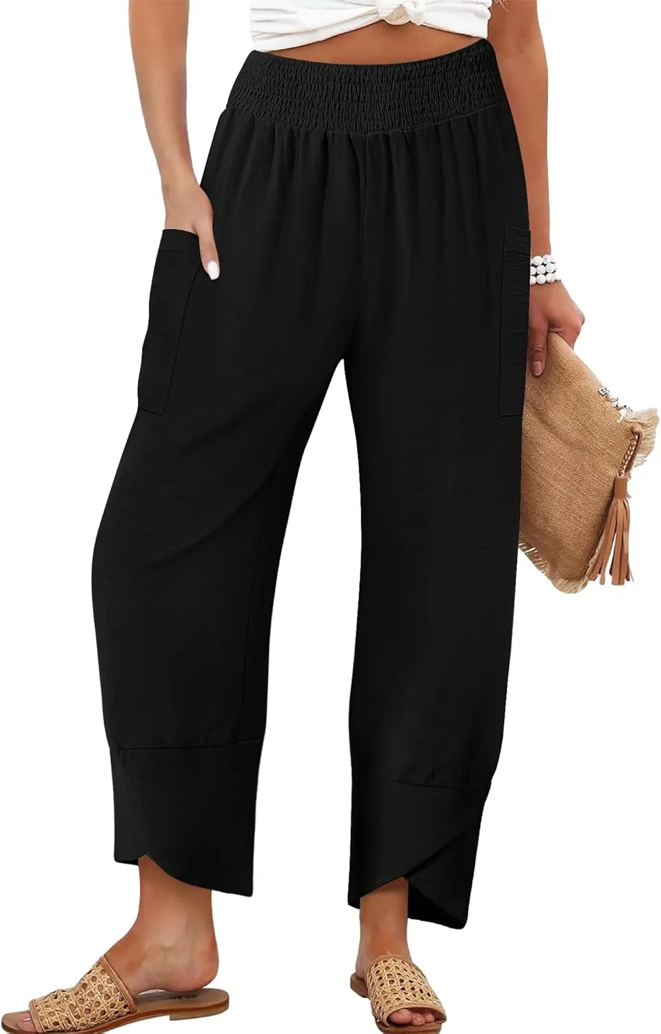 Women's Summer High Waisted Baggy Pants Wide Leg Linen Pants Casual Ankle Length Trouser Slacks with Pockets