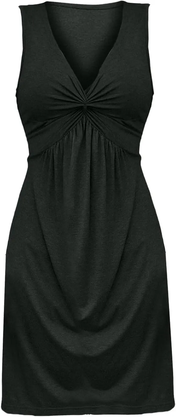Womens Twist Front V Neck Summer Sleeveless A Line Dress Casual Beach Party Tunic Slim Fit Sexy Bodycon Mini Sundress