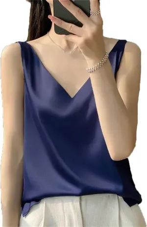 Women's V-Neck Silk Satin Camisole Tops Summer Solid Color Lightweight Blouse Vest