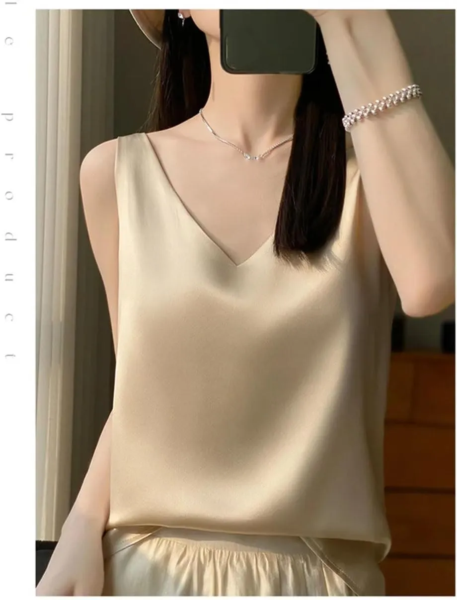 Women's V-Neck Silk Satin Camisole Tops Summer Solid Color Lightweight Blouse Vest