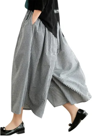 Womens Wide Leg Elastic Waist Cotton Linen Pants Summer Casual Plaid Flowy Baggy Capri Palazzo Pants with Pockets
