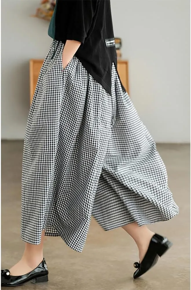 Womens Wide Leg Elastic Waist Cotton Linen Pants Summer Casual Plaid Flowy Baggy Capri Palazzo Pants with Pockets