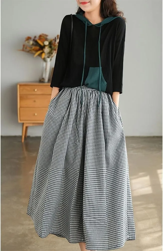 Womens Wide Leg Elastic Waist Cotton Linen Pants Summer Casual Plaid Flowy Baggy Capri Palazzo Pants with Pockets