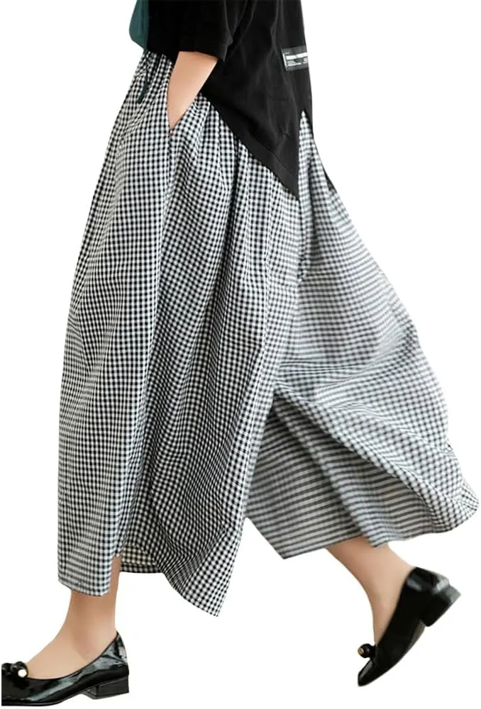 Womens Wide Leg Elastic Waist Cotton Linen Pants Summer Casual Plaid Flowy Baggy Capri Palazzo Pants with Pockets