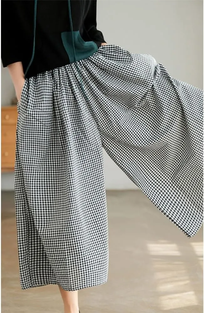 Womens Wide Leg Elastic Waist Cotton Linen Pants Summer Casual Plaid Flowy Baggy Capri Palazzo Pants with Pockets