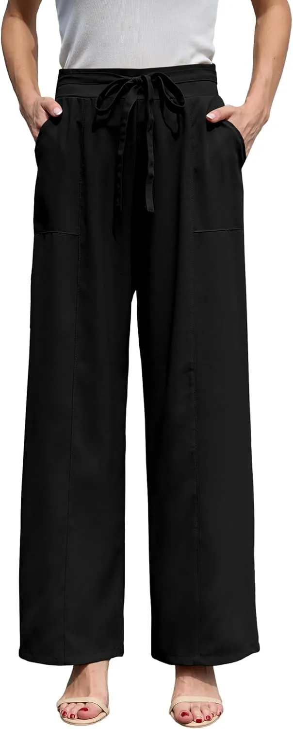 Women's Wide Leg Pants High Waisted Adjustable Tie Knot Loose Trousers Business Work Casual Pants with Pockets