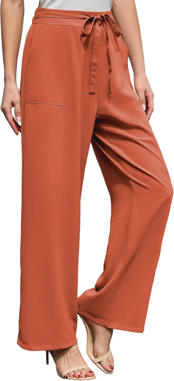 Women's Wide Leg Pants High Waisted Adjustable Tie Knot Loose Trousers Business Work Casual Pants with Pockets
