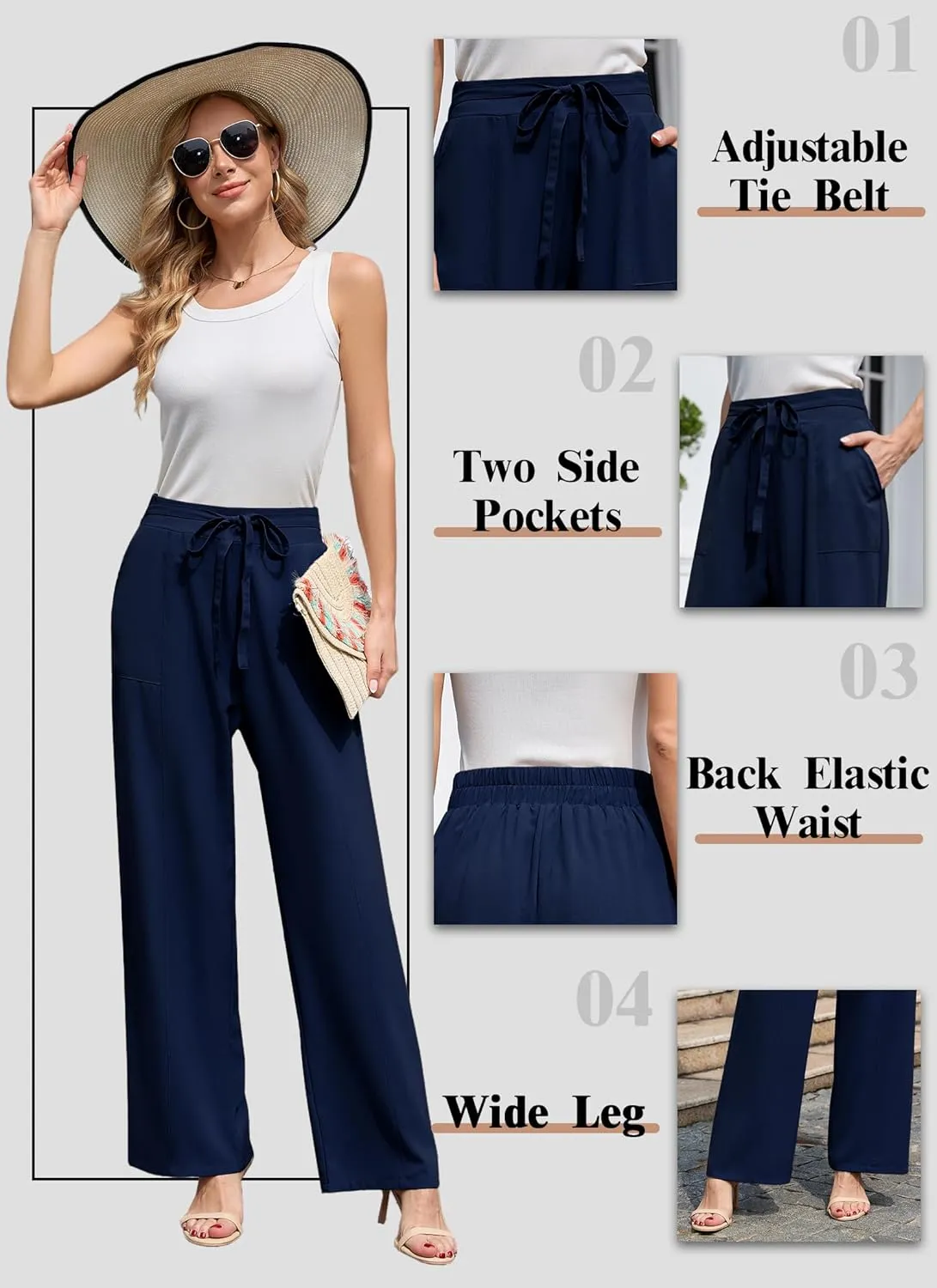 Women's Wide Leg Pants High Waisted Adjustable Tie Knot Loose Trousers Business Work Casual Pants with Pockets