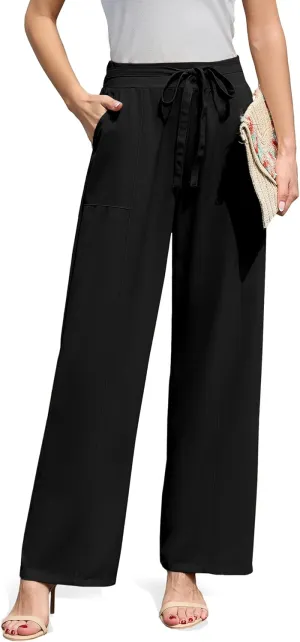 Women's Wide Leg Pants High Waisted Adjustable Tie Knot Loose Trousers Business Work Casual Pants with Pockets