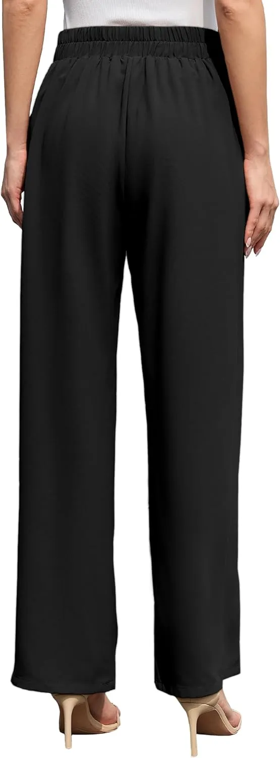 Women's Wide Leg Pants High Waisted Adjustable Tie Knot Loose Trousers Business Work Casual Pants with Pockets