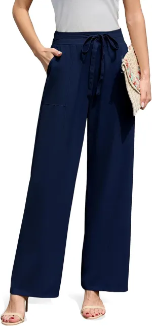 Women's Wide Leg Pants High Waisted Adjustable Tie Knot Loose Trousers Business Work Casual Pants with Pockets