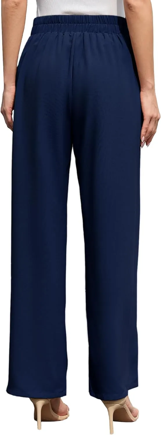 Women's Wide Leg Pants High Waisted Adjustable Tie Knot Loose Trousers Business Work Casual Pants with Pockets