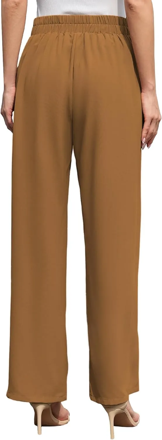 Women's Wide Leg Pants High Waisted Adjustable Tie Knot Loose Trousers Business Work Casual Pants with Pockets