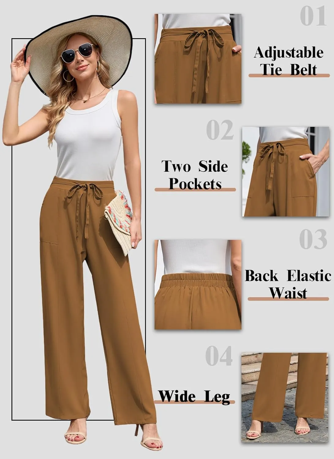 Women's Wide Leg Pants High Waisted Adjustable Tie Knot Loose Trousers Business Work Casual Pants with Pockets