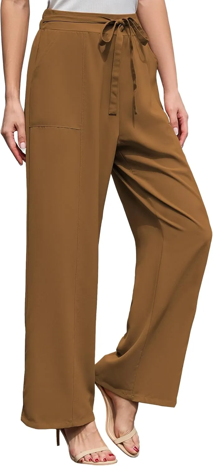 Women's Wide Leg Pants High Waisted Adjustable Tie Knot Loose Trousers Business Work Casual Pants with Pockets