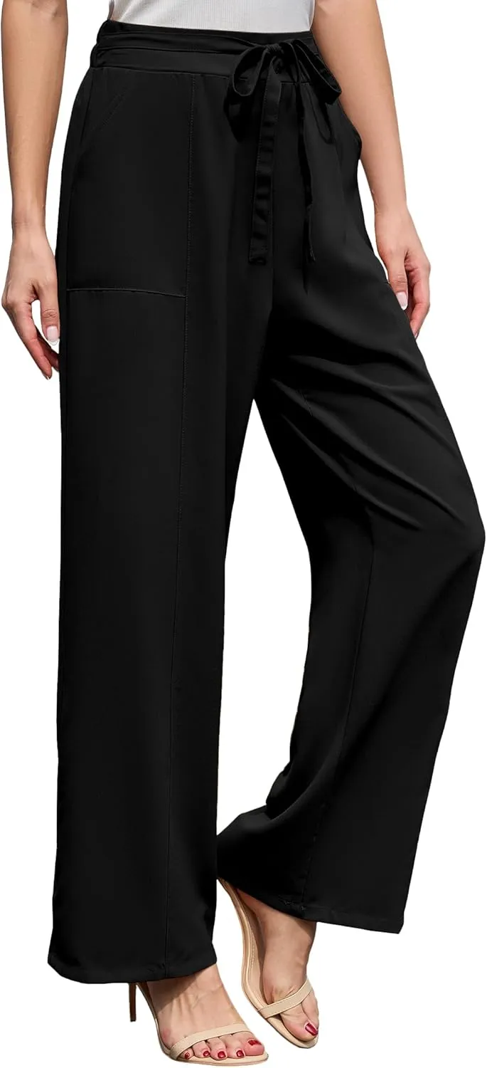 Women's Wide Leg Pants High Waisted Adjustable Tie Knot Loose Trousers Business Work Casual Pants with Pockets