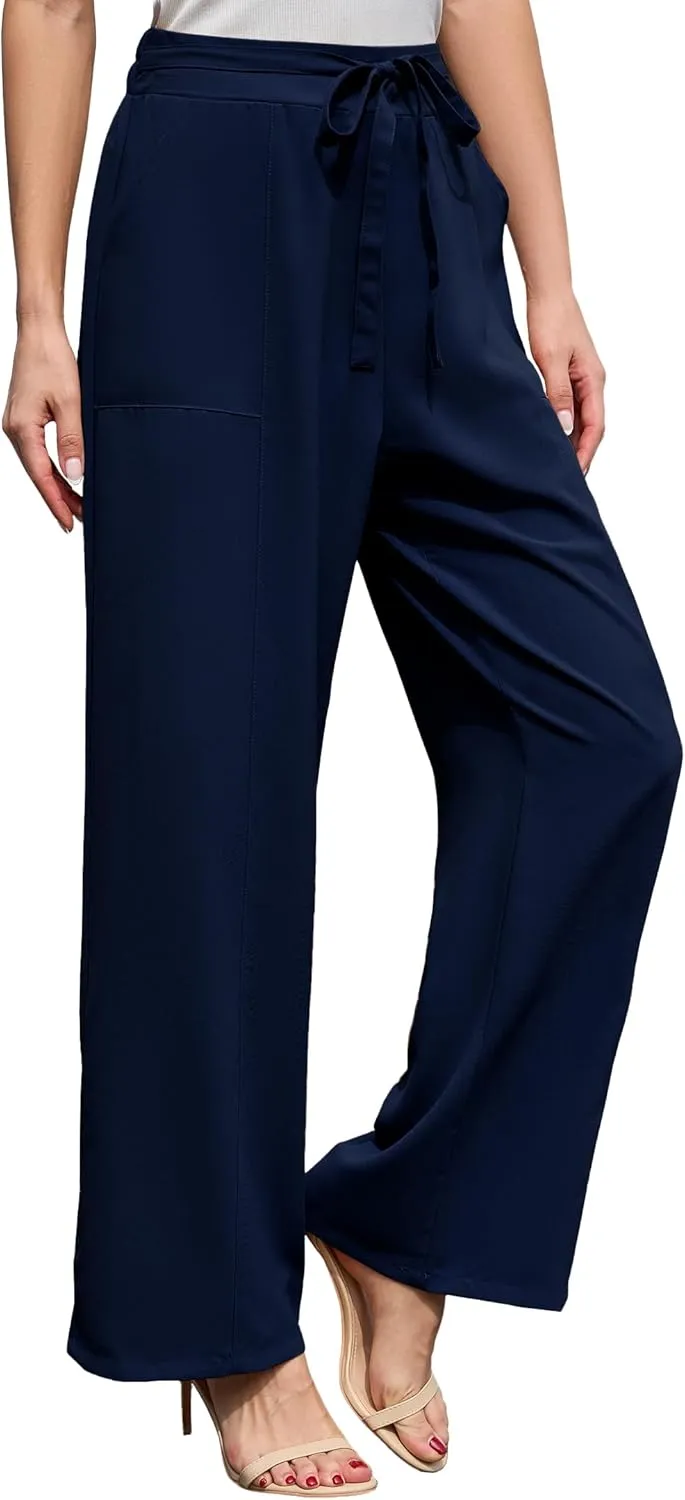 Women's Wide Leg Pants High Waisted Adjustable Tie Knot Loose Trousers Business Work Casual Pants with Pockets
