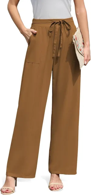 Women's Wide Leg Pants High Waisted Adjustable Tie Knot Loose Trousers Business Work Casual Pants with Pockets