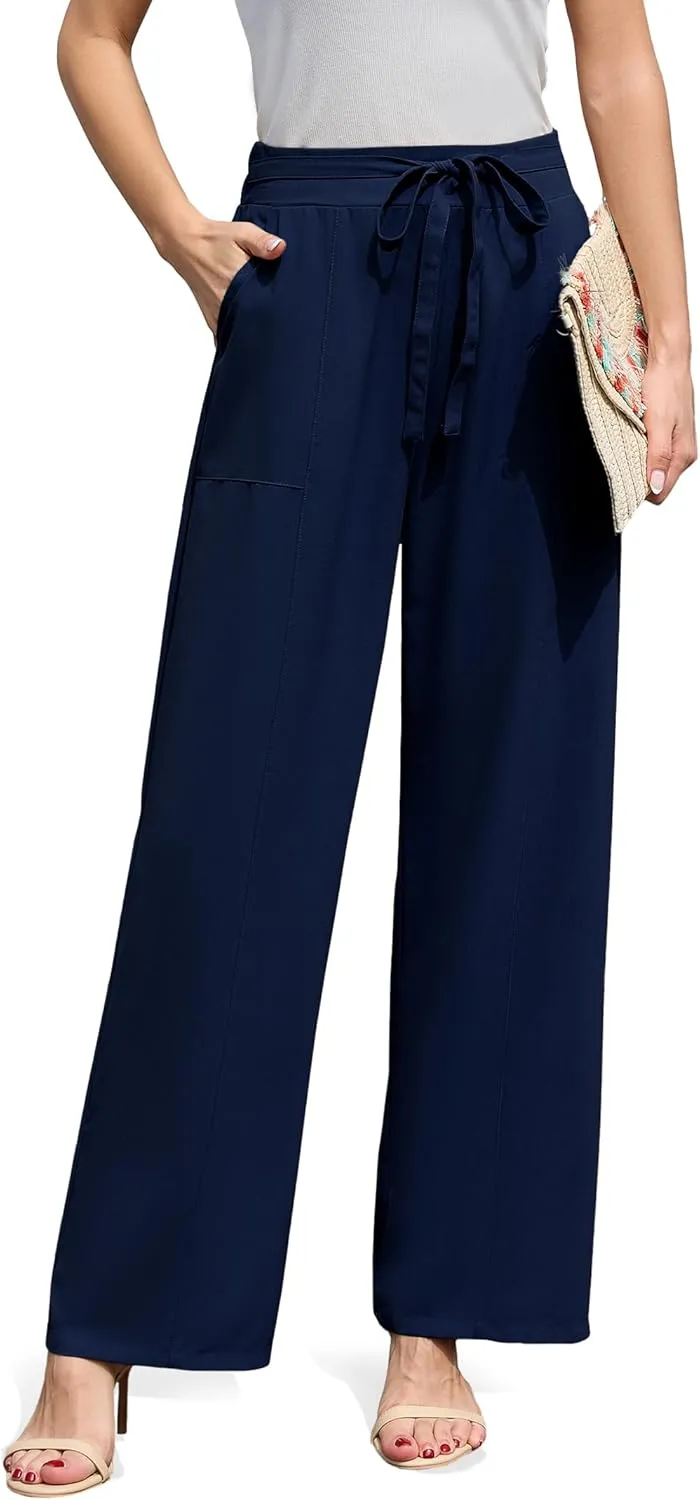 Women's Wide Leg Pants High Waisted Adjustable Tie Knot Loose Trousers Business Work Casual Pants with Pockets