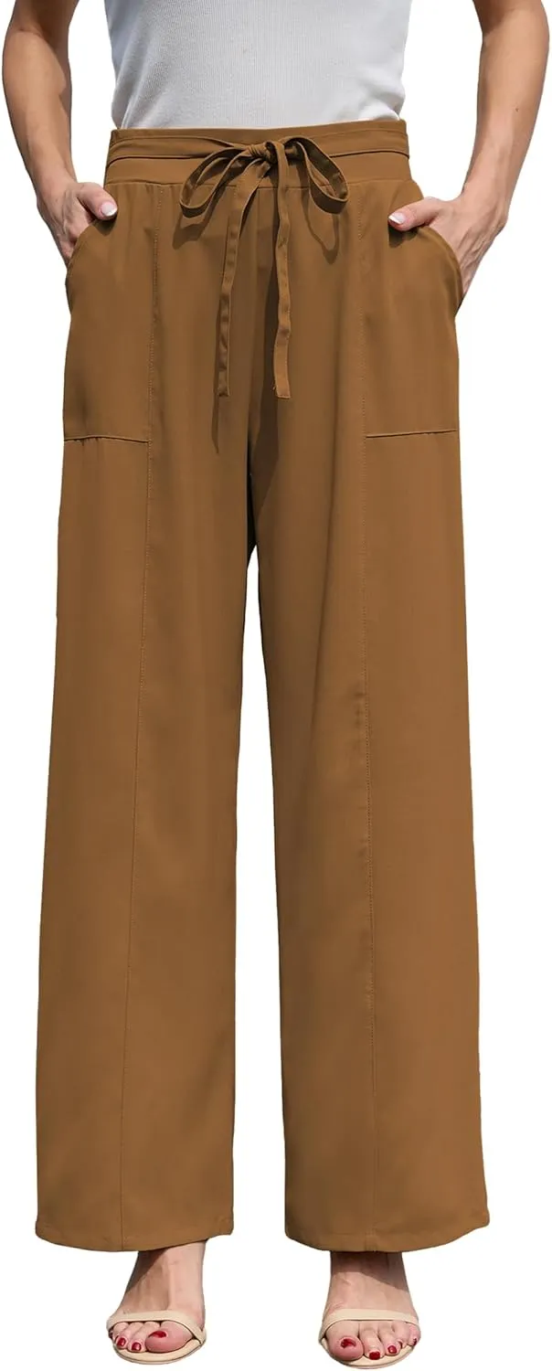 Women's Wide Leg Pants High Waisted Adjustable Tie Knot Loose Trousers Business Work Casual Pants with Pockets