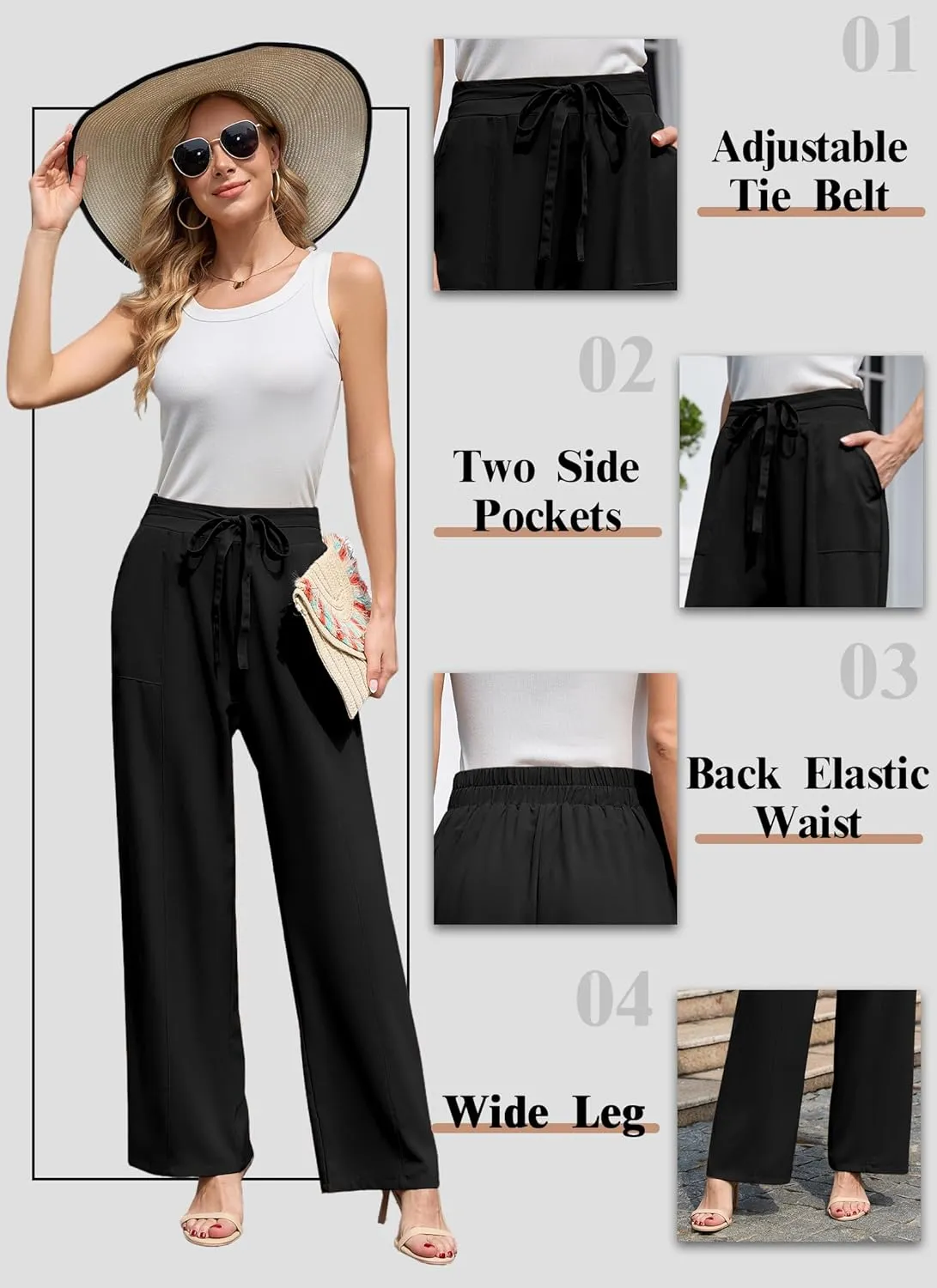 Women's Wide Leg Pants High Waisted Adjustable Tie Knot Loose Trousers Business Work Casual Pants with Pockets